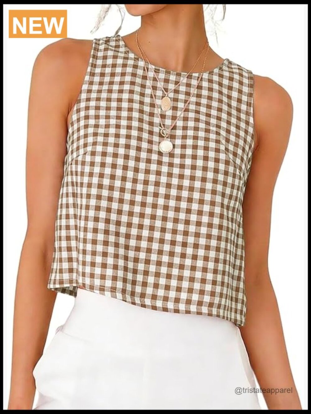 Gingham Crop Tank Top Sleeveless High Neck Summer Plaid